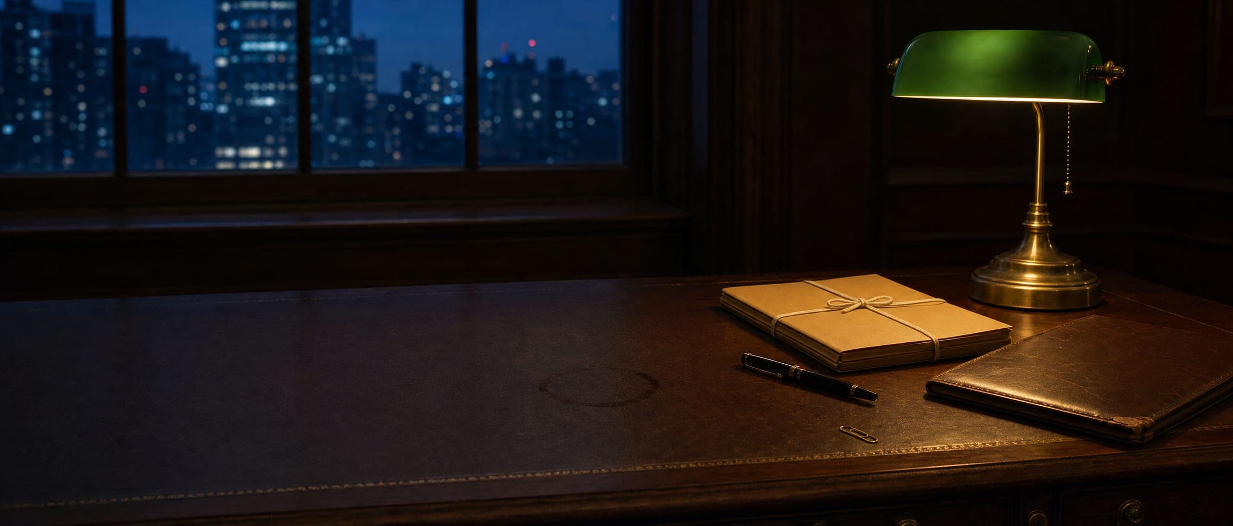 A walnut attorney's desk under warm lamplight, with a closed case file tied with cord, a fountain pen, and a leather portfolio.