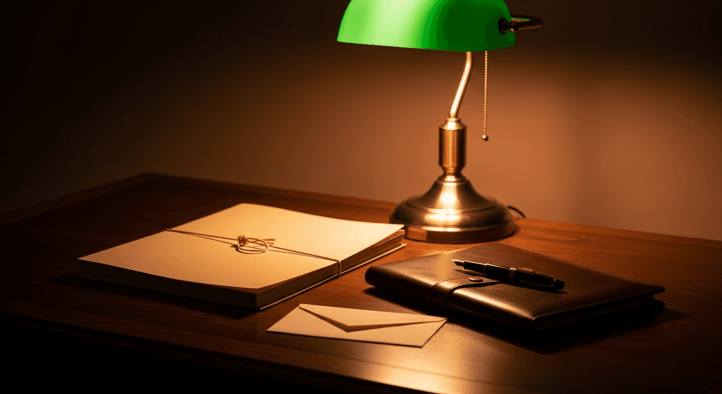 A walnut attorney's desk under warm lamplight, with a closed case file tied with cord, a fountain pen, and a leather portfolio.