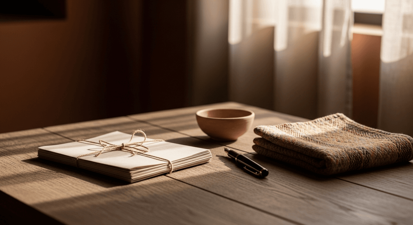 A short stack of plain paper documents bound with natural twine on a wooden table, with a fountain pen, clay bowl, and folded woven cloth in soft morning light.