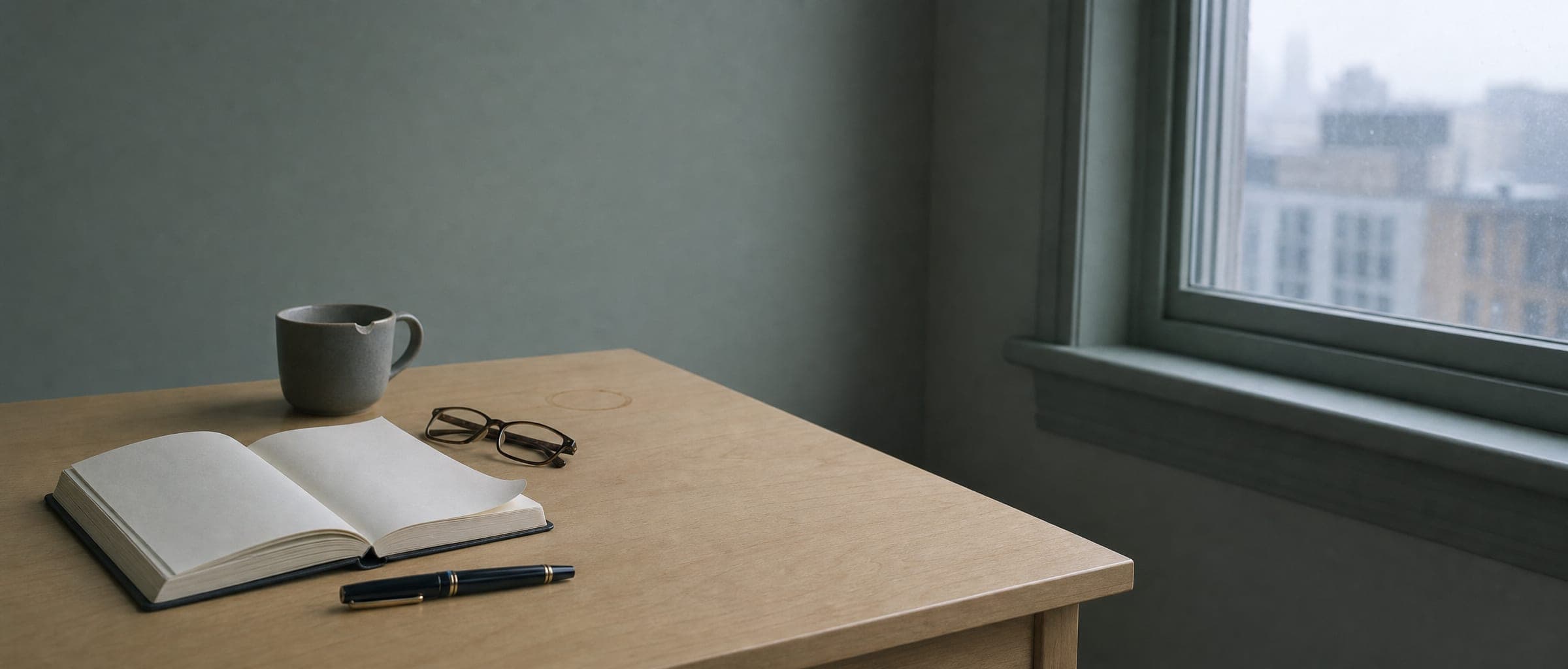 A forensic clinician's writing desk in cool early-morning light, with an open notebook, fountain pen, reading glasses, and a small ceramic mug.