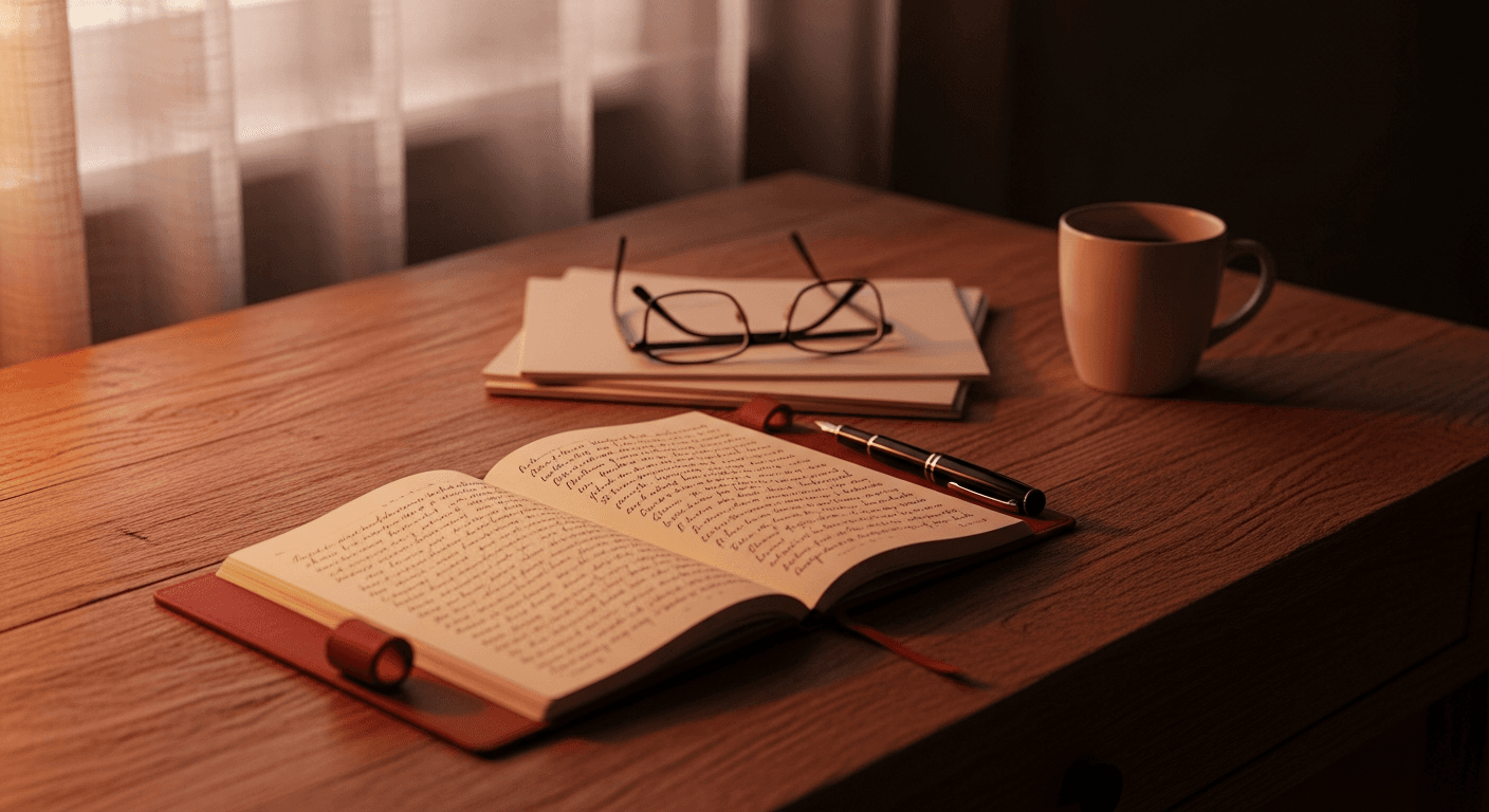 A forensic clinician's writing desk in soft afternoon light, with an open notebook, fountain pen, reading glasses, and a small ceramic mug.