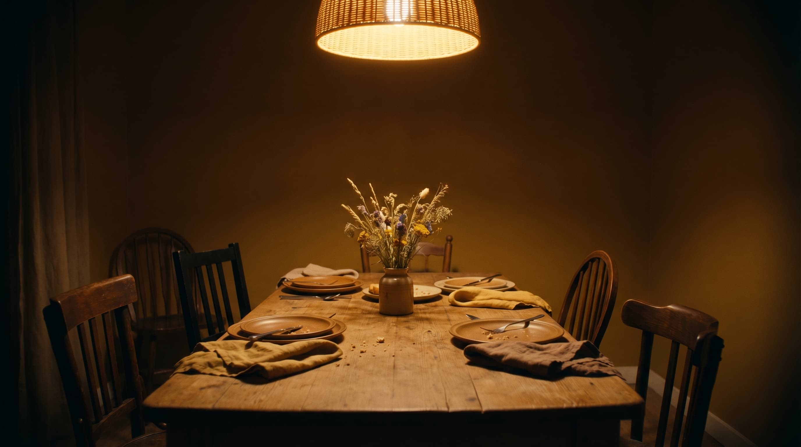 An empty dining table set for a meal in dim warm light — the visual weight of absence that family separation creates.