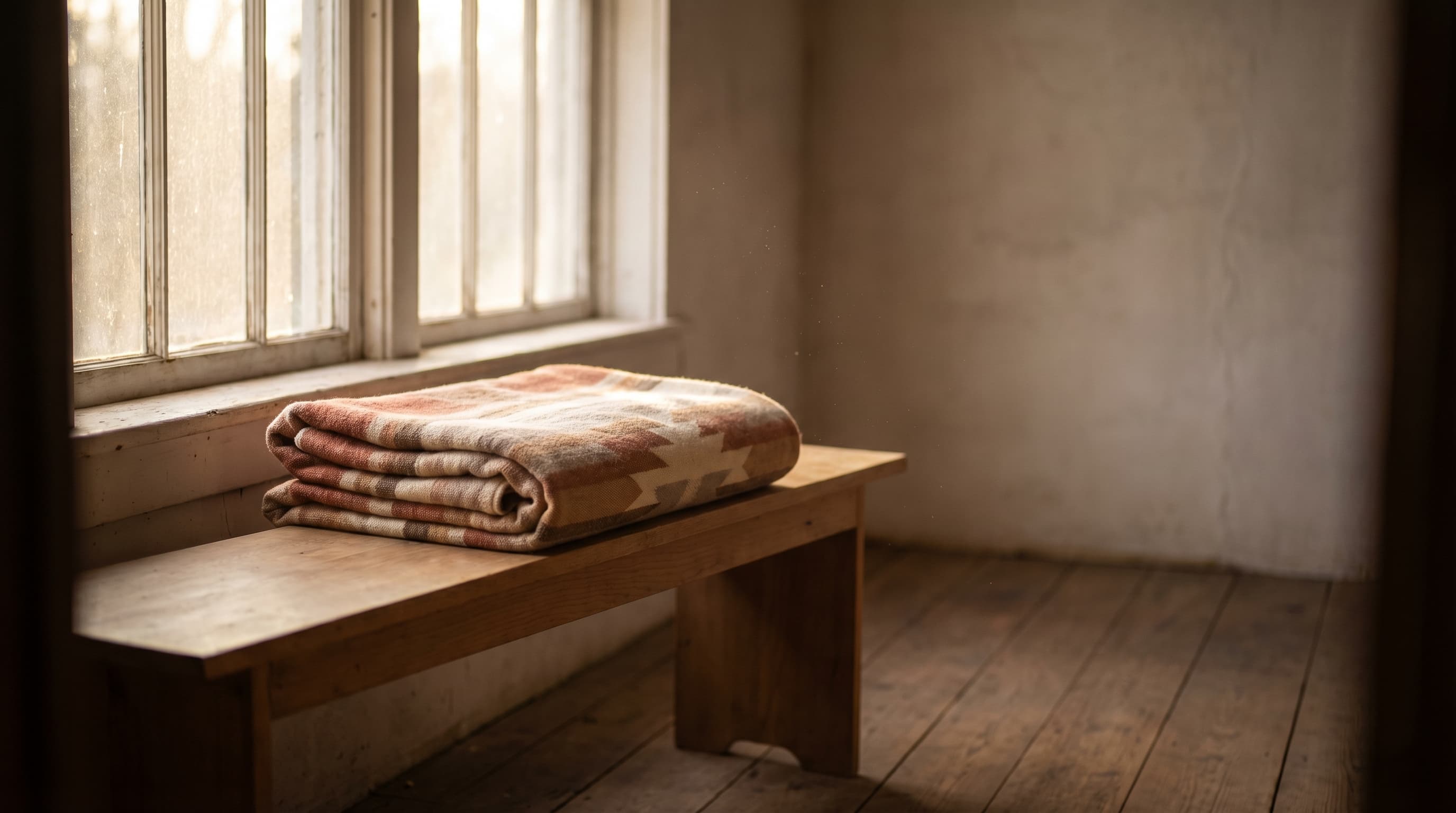 A folded blanket resting on a wooden bench beside a sunlit window, evoking a quiet space prepared for someone.