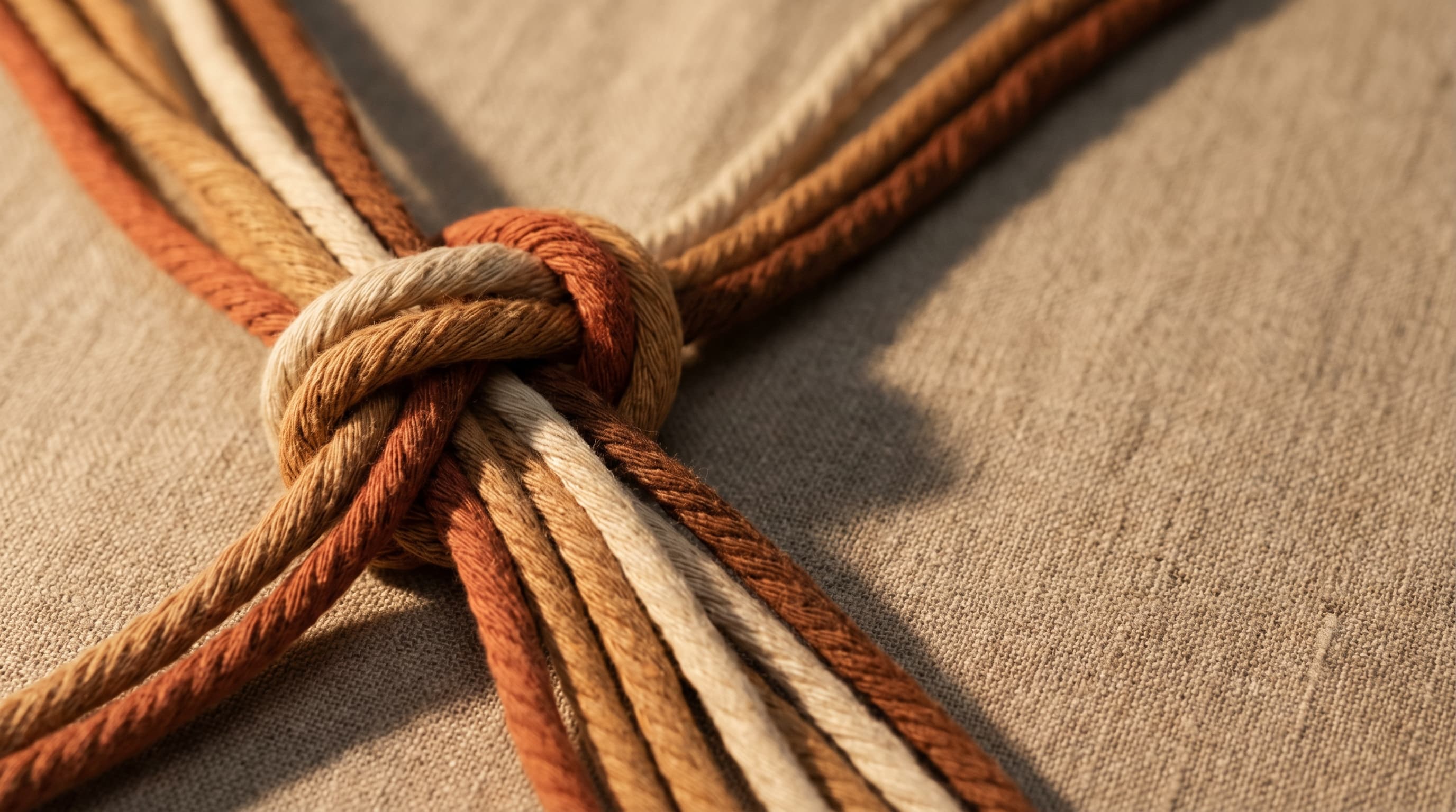 Knotted cords in earth tones, evoking the quipu — the Andean knotted-cord recording system from which the firm draws its name.