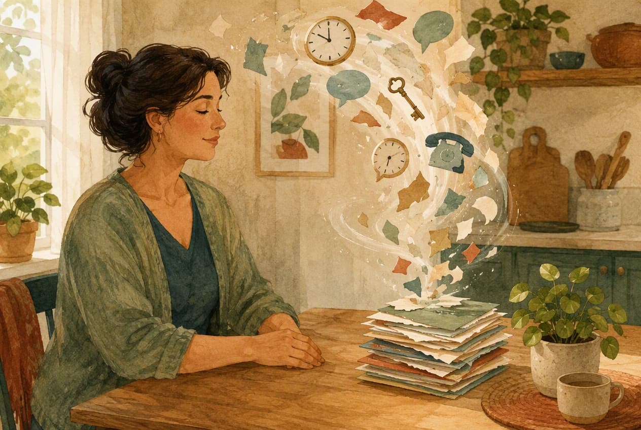 Illustration of a woman seated at a table as fragments of paper, clocks, a key, and a telephone rise above a stack of documents.