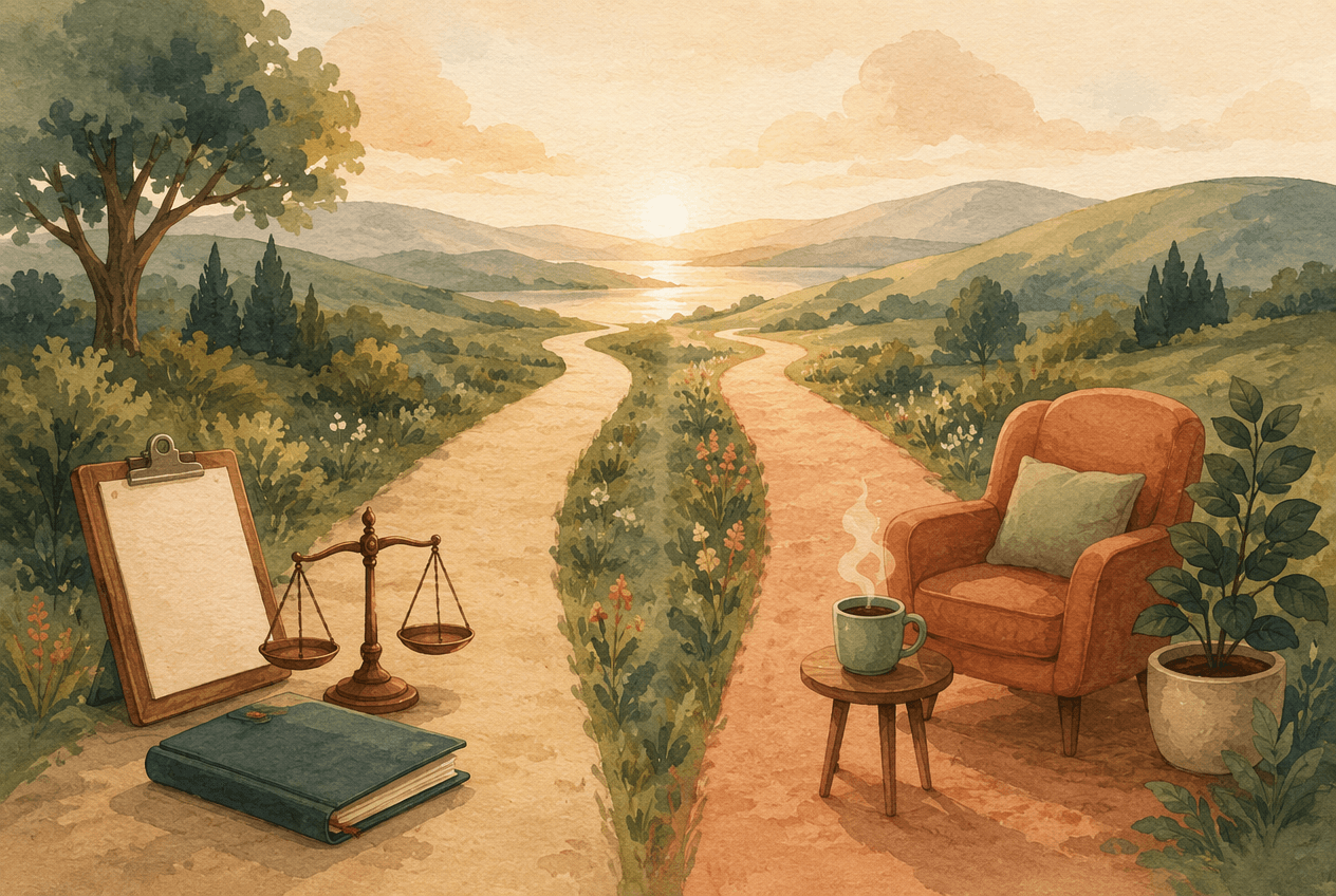 Illustration of two paths, with a clipboard, book, and scales beside one and an armchair, cup, and plant beside the other.