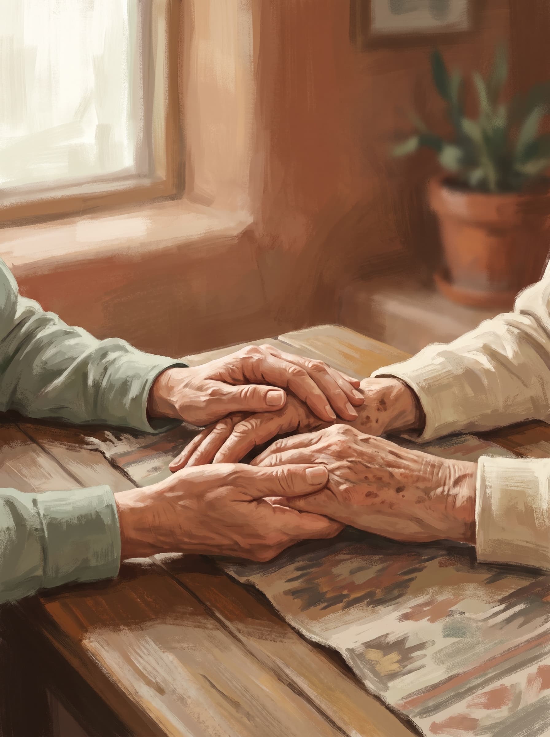 Illustration of two people holding hands across a table beside a window.