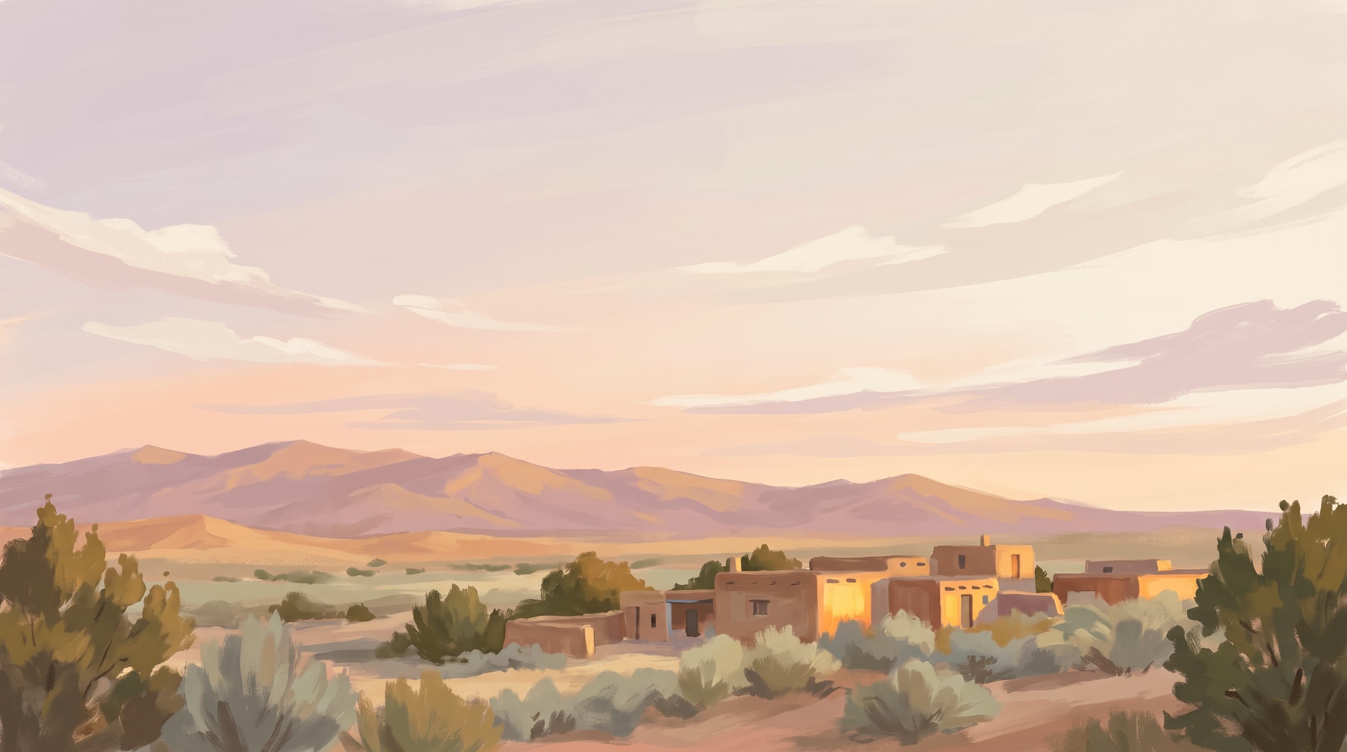 Illustration of adobe buildings, desert plants and distant mountains beneath a pastel sky.