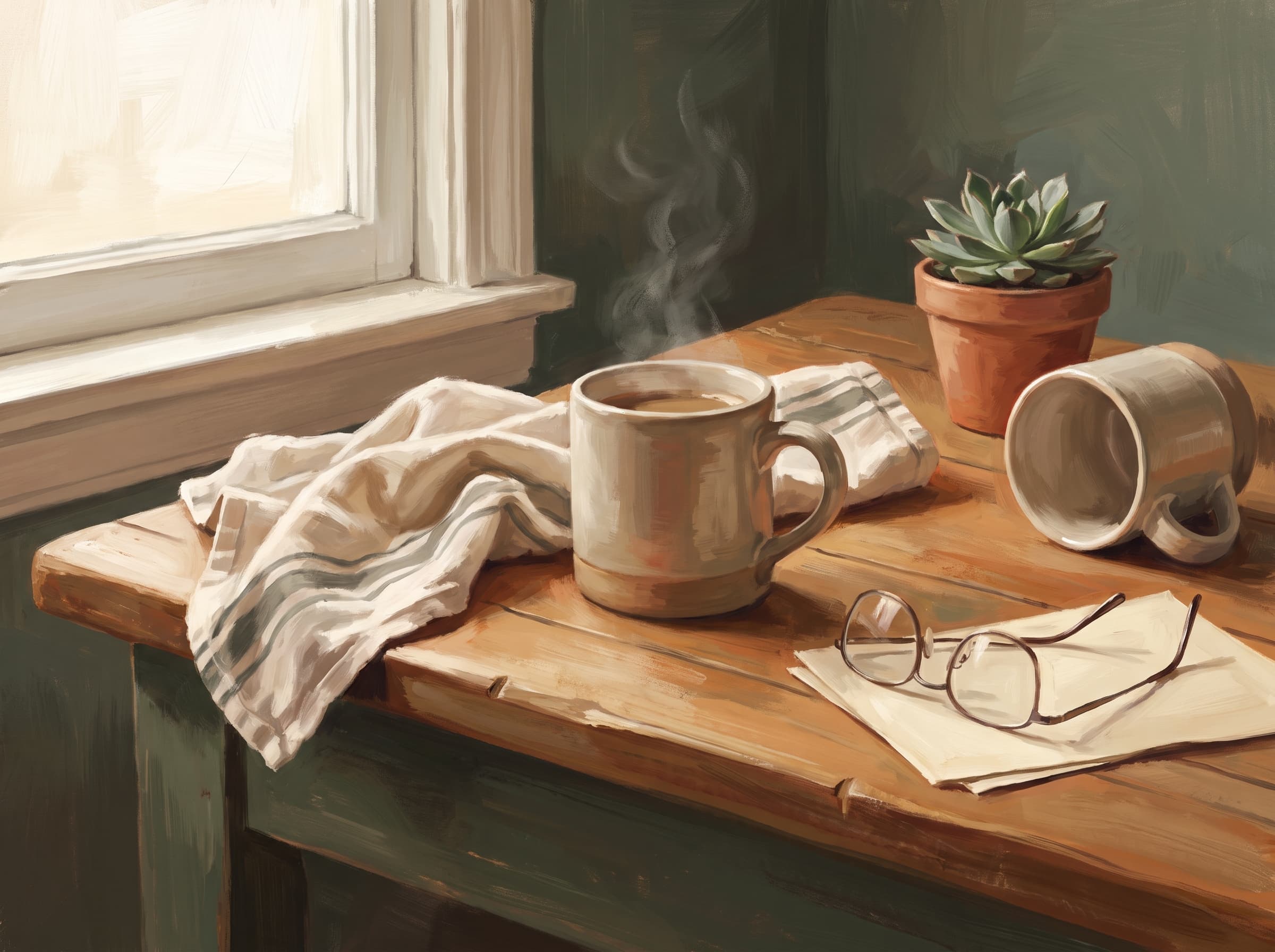 Illustration of two mugs, one steaming and one on its side, beside glasses and a potted plant.