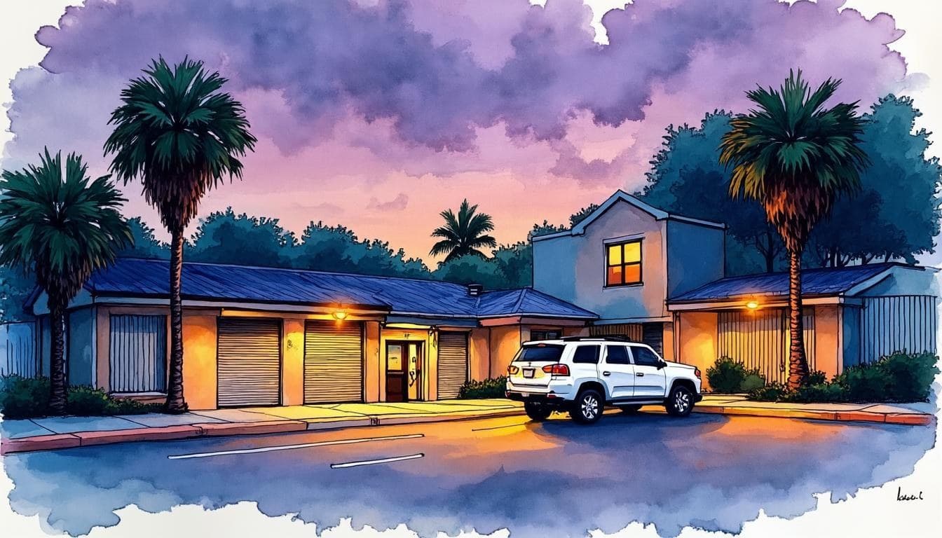 Ink and watercolor illustration of a low stucco building at dusk, its roll-down shutters closed and an upstairs window lit, with palm trees on either side and a white SUV parked out front.