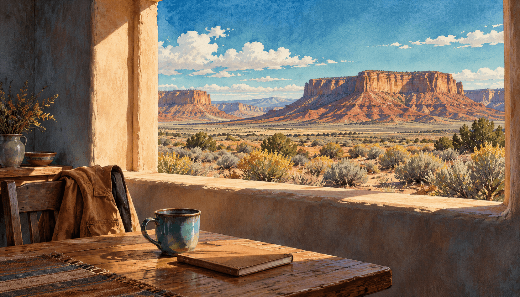 Illustration of an adobe window overlooking a New Mexico mesa, with a mug, closed notebook and jacket in the foreground.