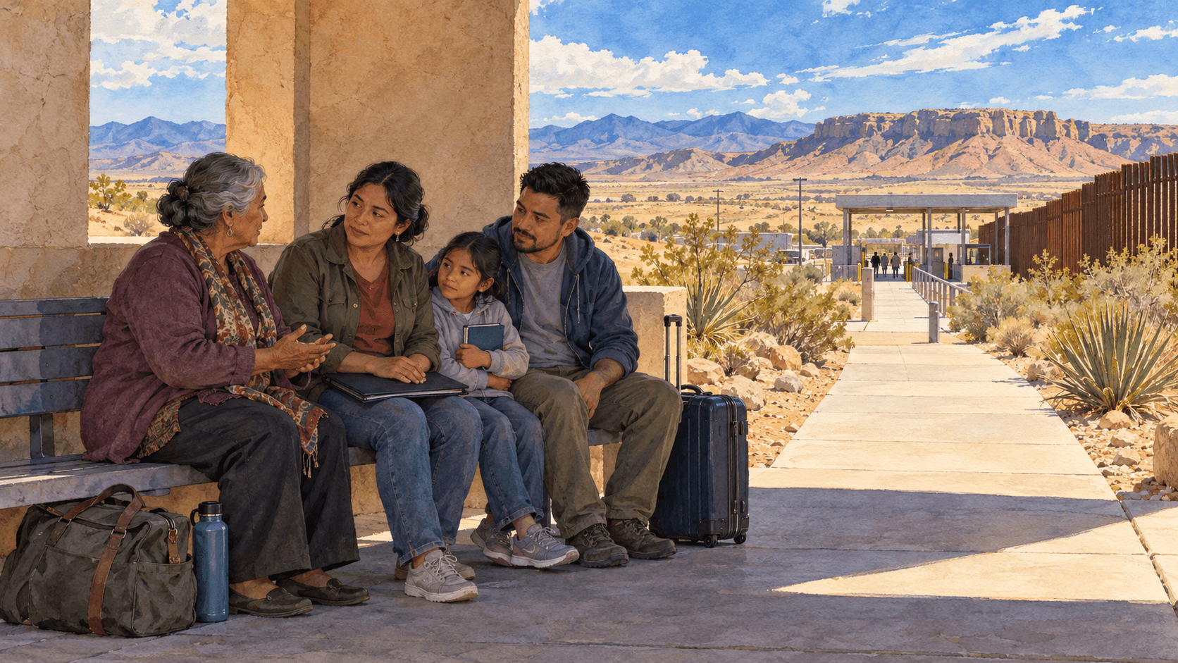 Illustration of three generations of a family waiting together beside a border checkpoint in a Southwest desert landscape.