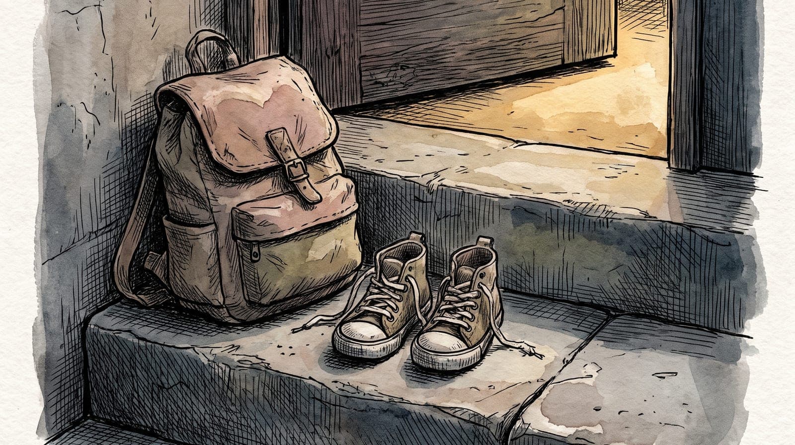 Ink and watercolor illustration of a child's backpack and a pair of small canvas sneakers left on a concrete doorstep, with an open door behind them casting warm light across the threshold.