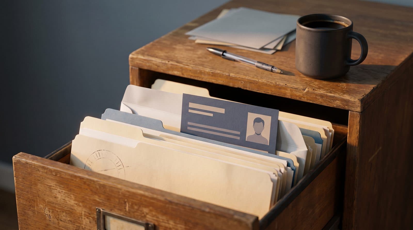 An open drawer of a worn oak filing cabinet holding manila and blue folders and an identity card with a blank pictogram, a pen, loose papers, and a dark mug of coffee on top, against a slate-blue wall in warm side light.