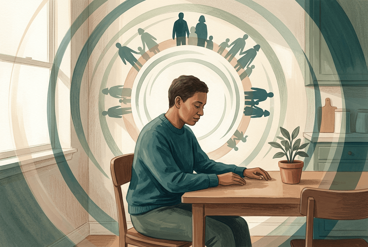 Illustration of a seated adult surrounded by circles of family silhouettes.