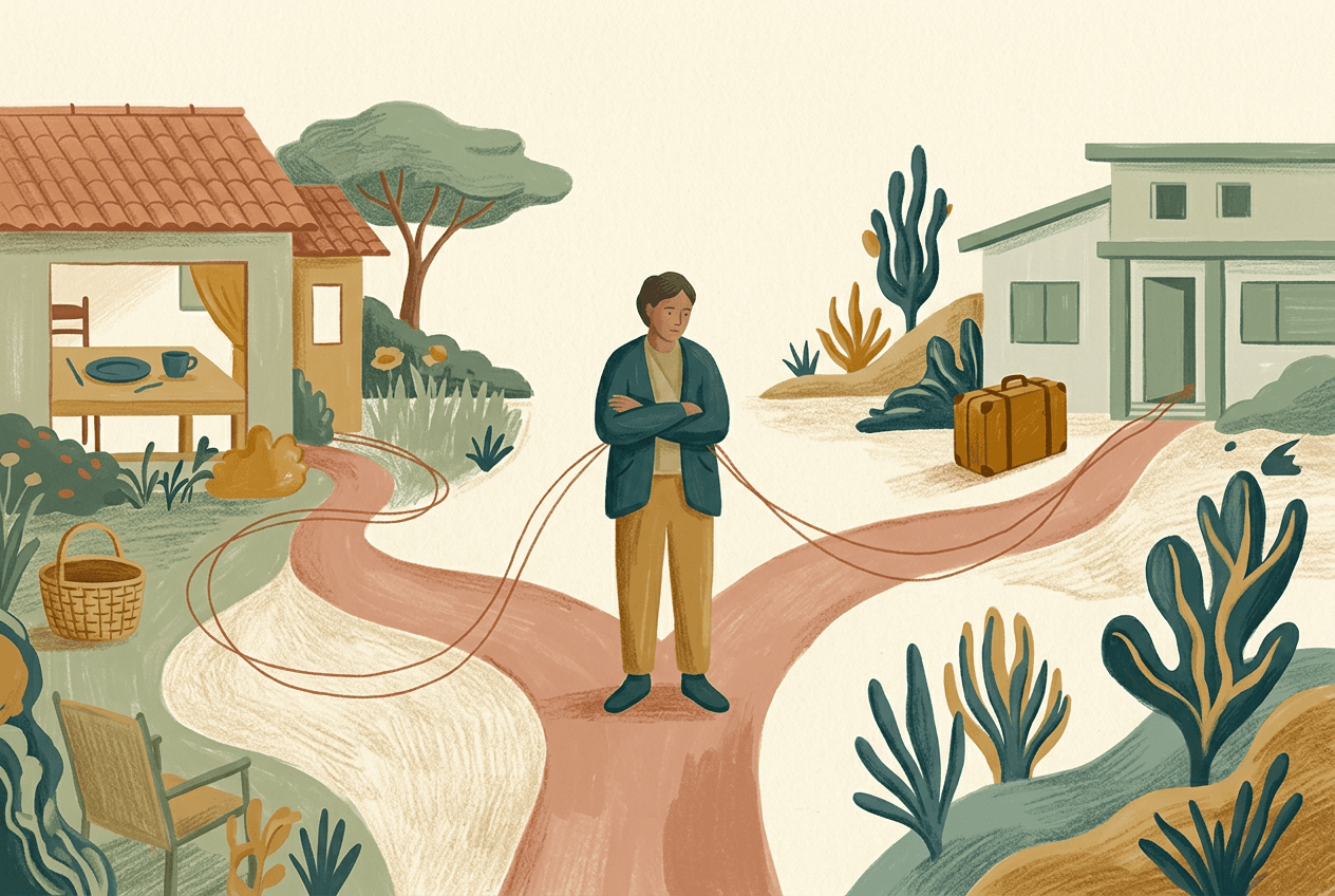 Illustration of branching paths toward two homes, with an empty chair on one side and a suitcase on the other.