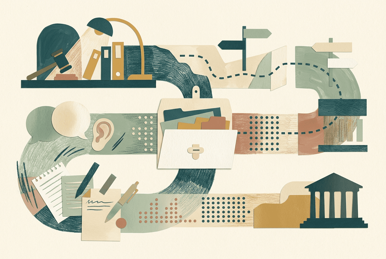 Illustration connecting legal documents, a clinical conversation, and a report through separate paths.