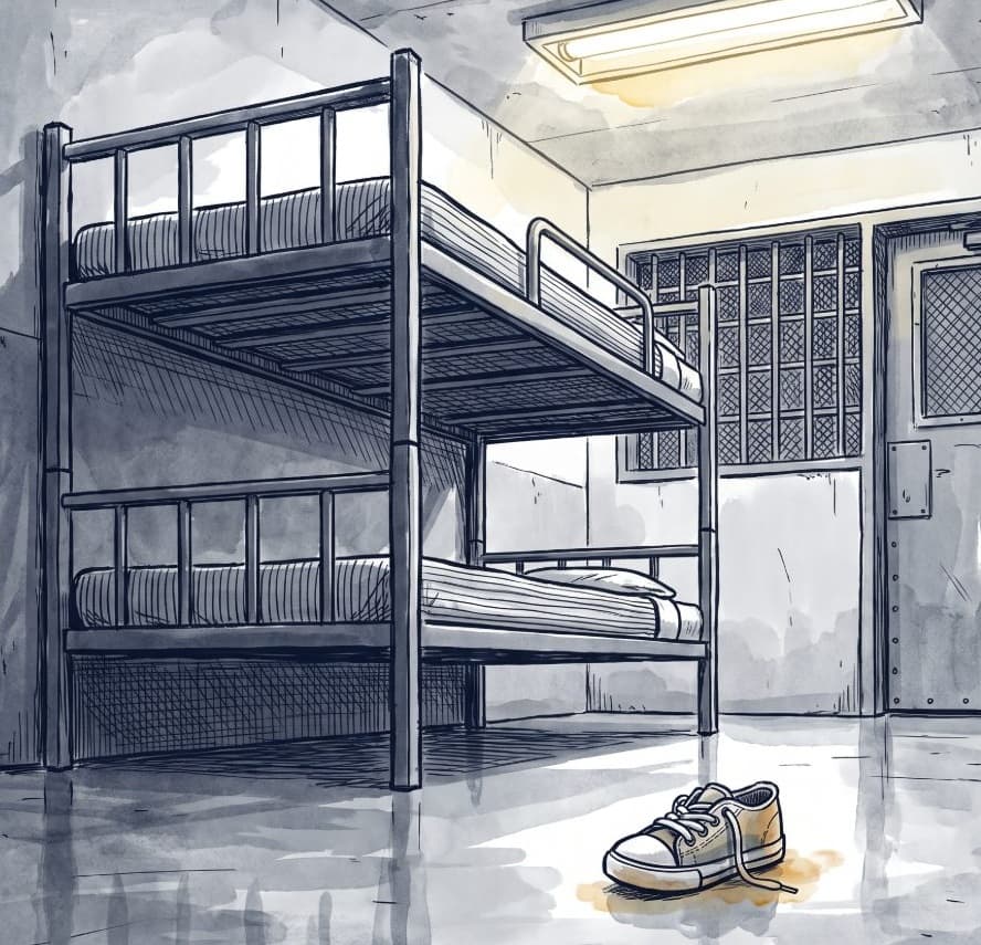 Ink and watercolor illustration of empty bunk beds and a pair of shoes in a detention room. No people are present.