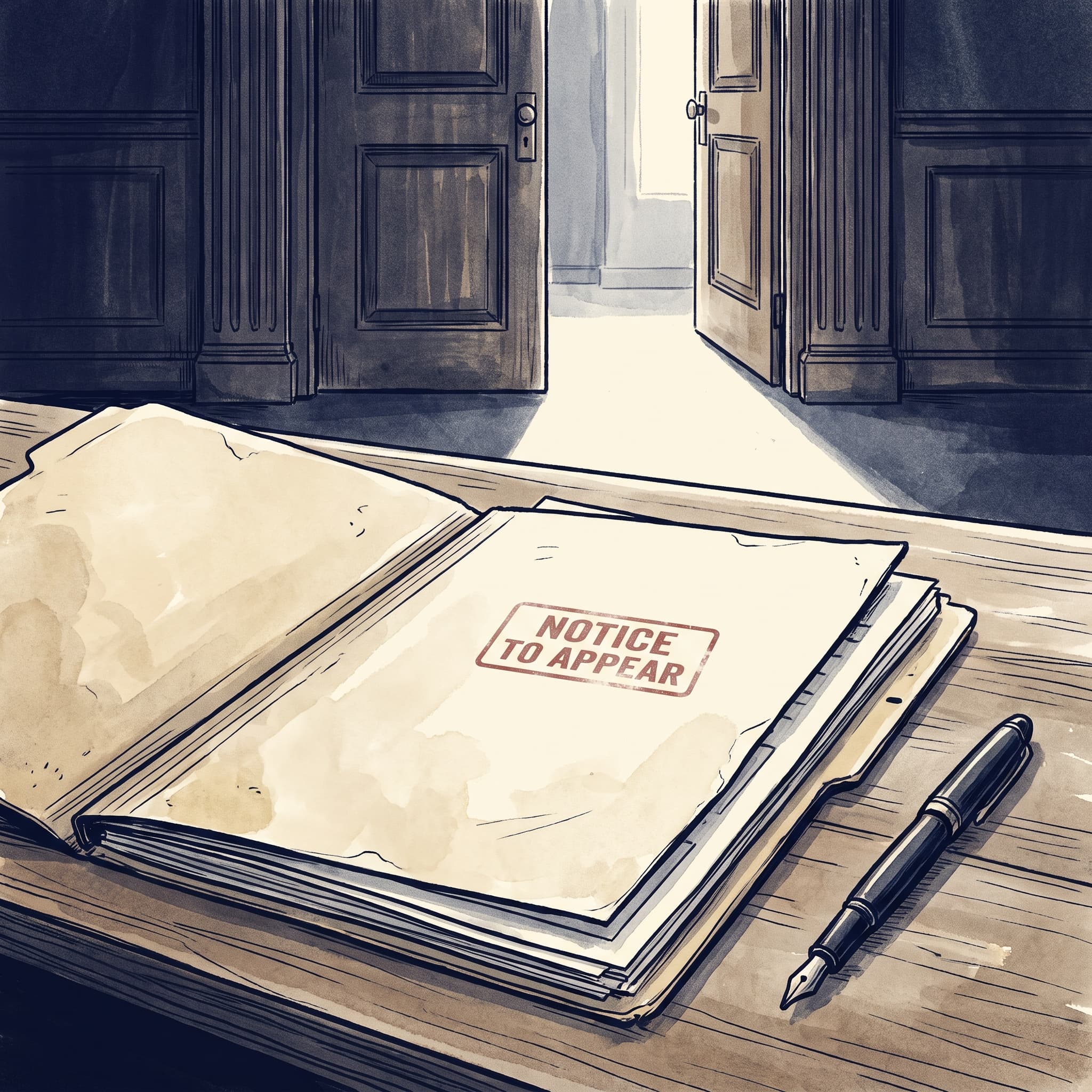 Ink and watercolor illustration of an open folder marked Notice to Appear on a desk, with an open doorway behind it.