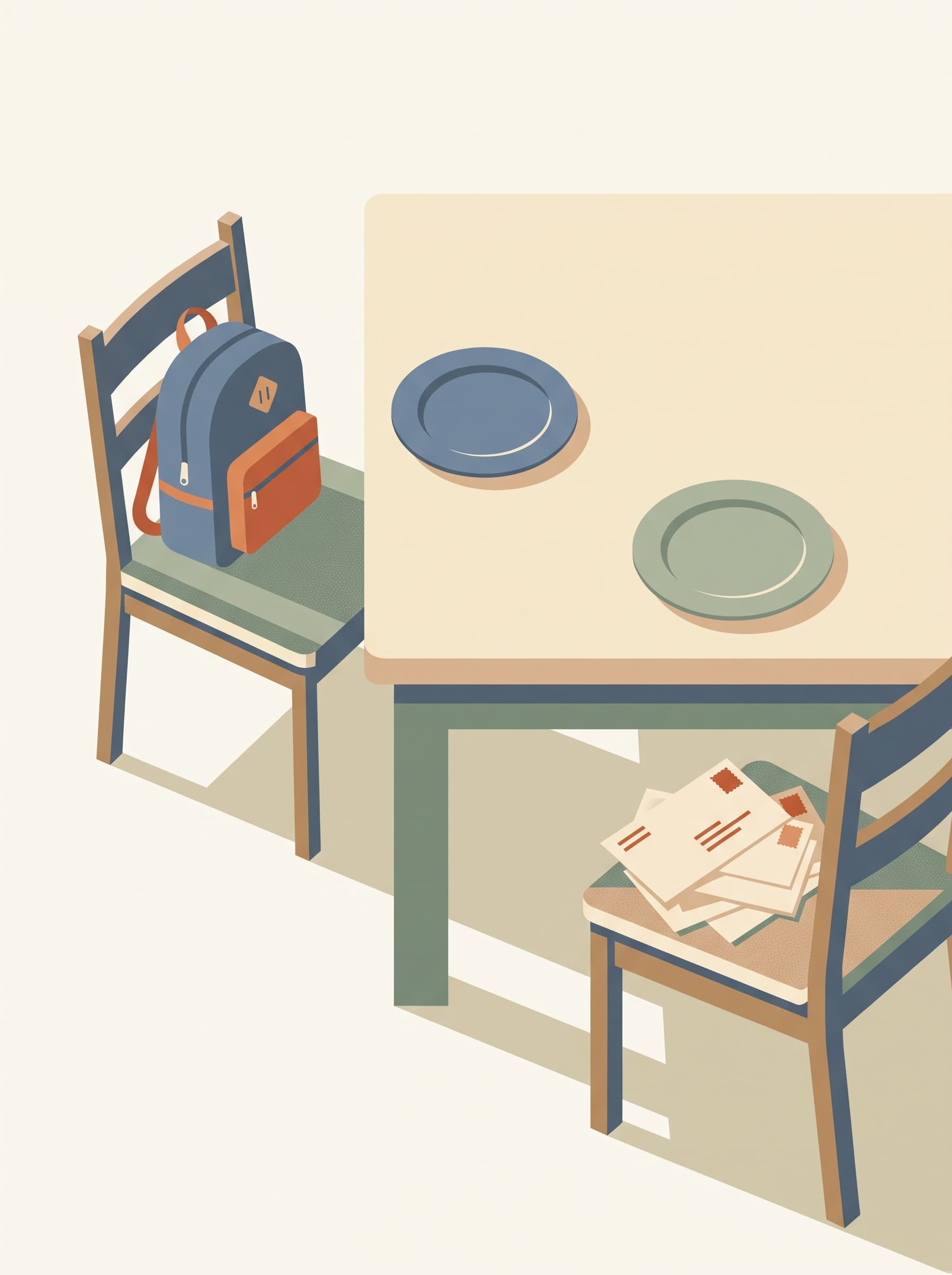 Illustration of a dining table with empty plates, a backpack on one chair, and documents on another.