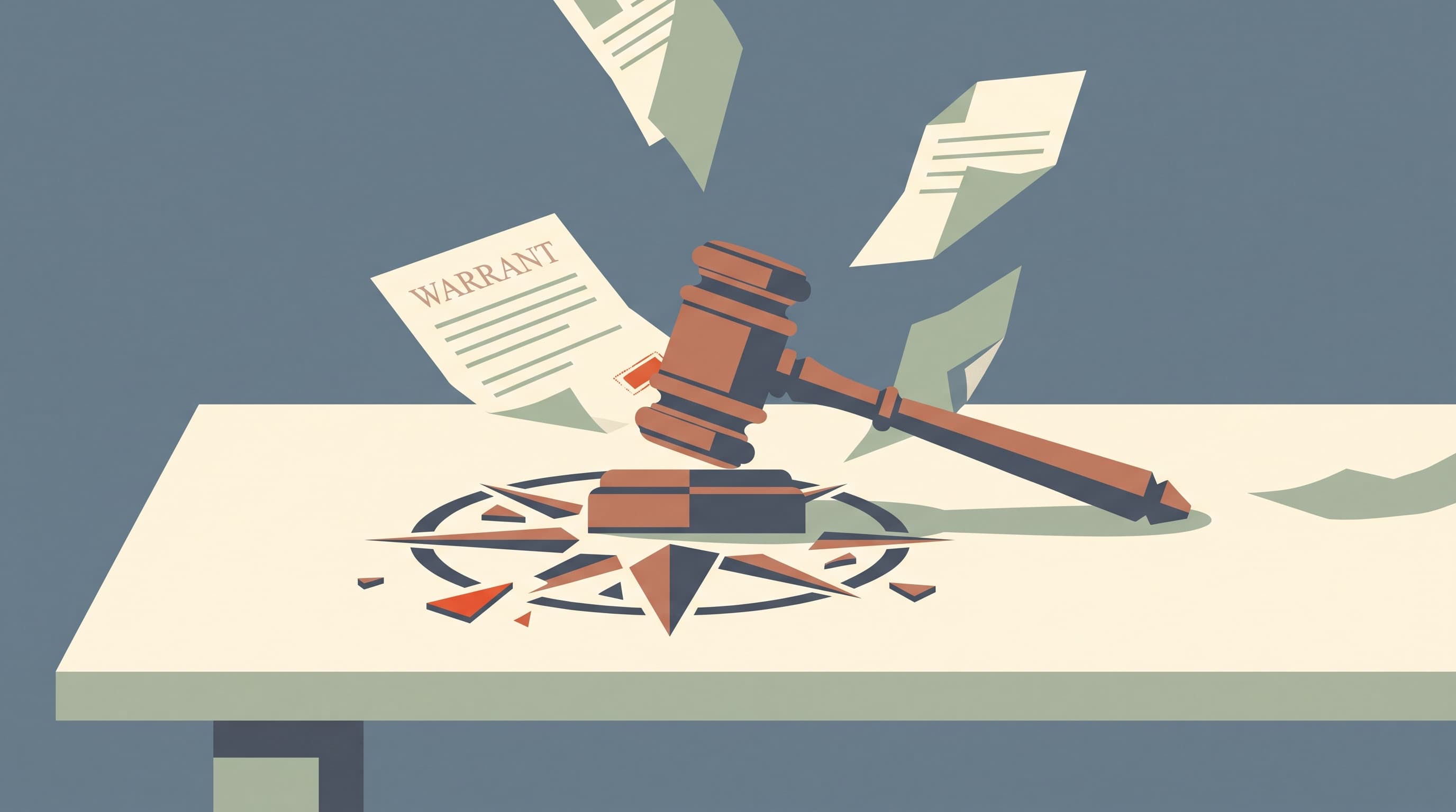 Illustration of a judge’s gavel beside a warrant and loose documents.