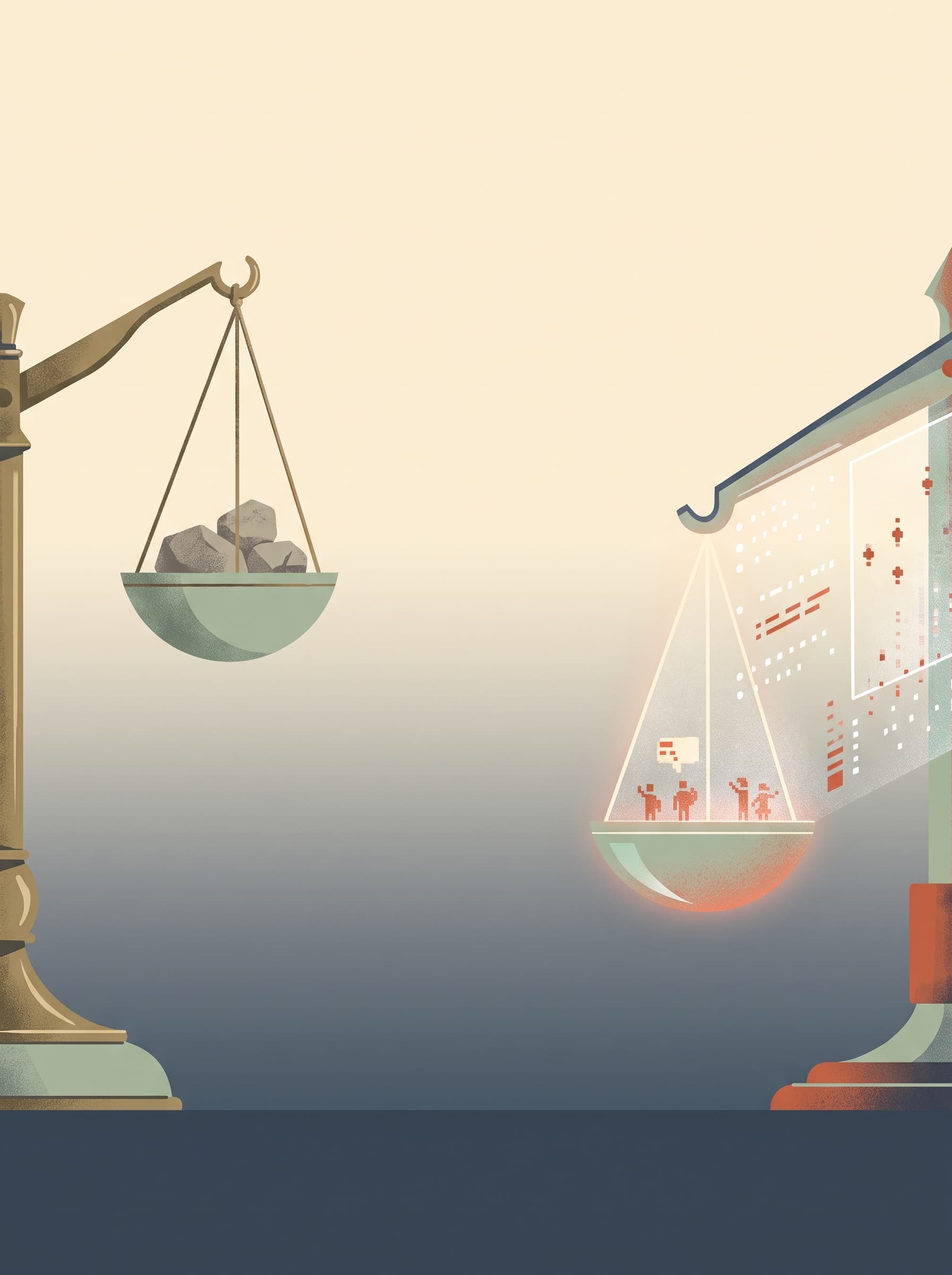 Illustration of scales weighing stones against small family figures and documents.