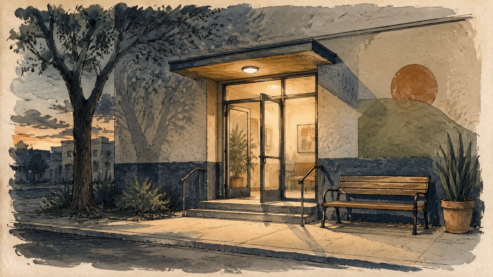 Watercolor illustration of a clinic entrance glowing at dusk, with an empty bench beside the open door.
