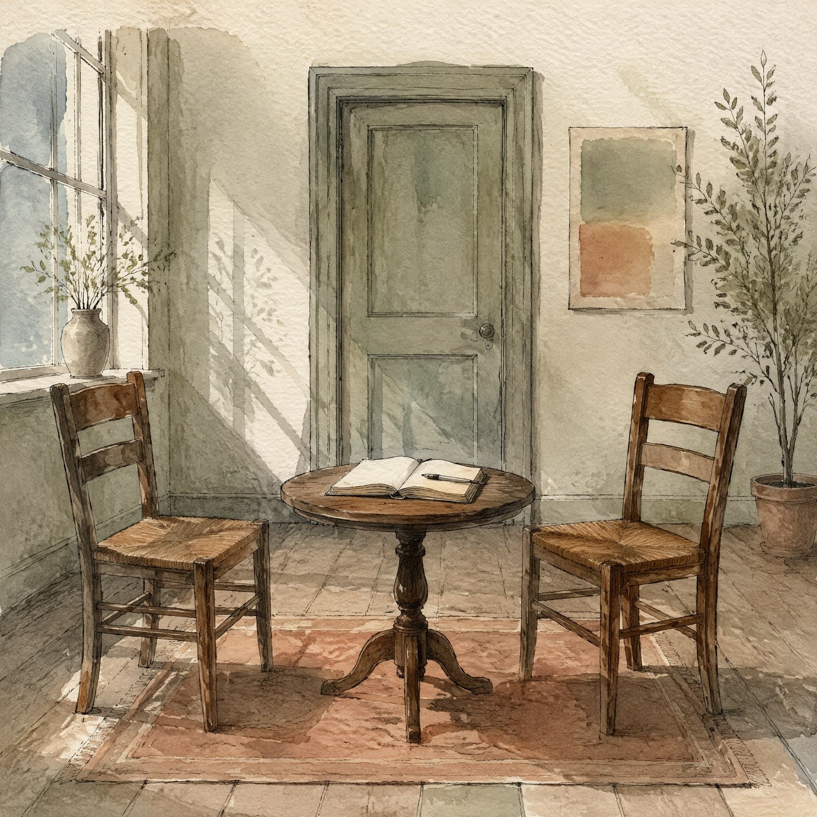 Watercolor illustration of two empty chairs facing a small table with an open notebook.