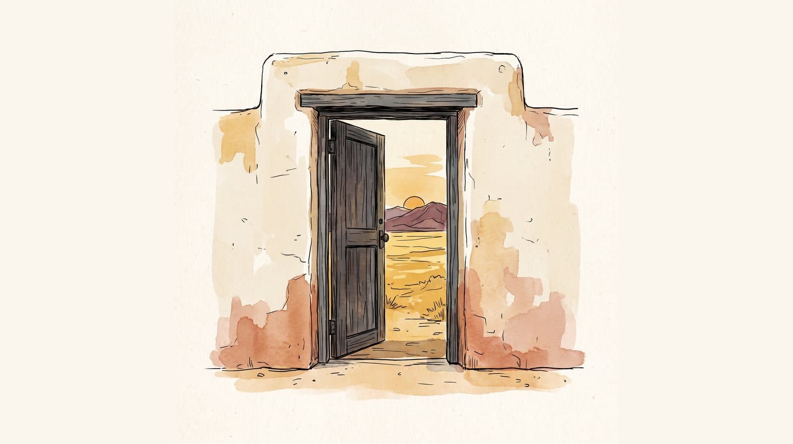 Ink and watercolor illustration of an old wooden door standing open in an adobe wall, with desert grass, mountains, and a low sun beyond it.