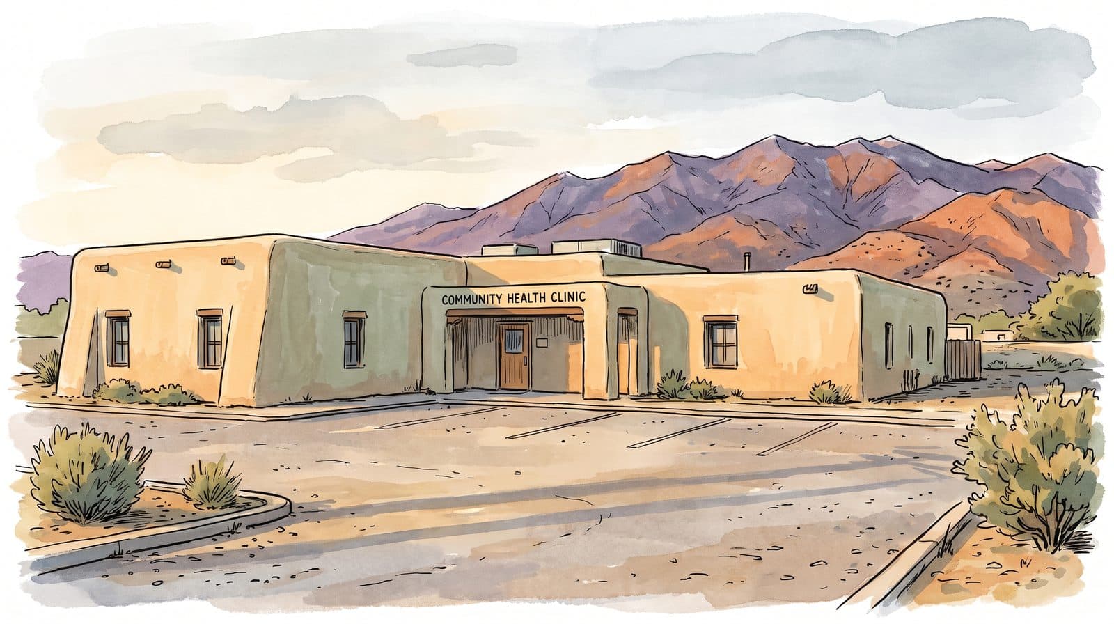 Ink and watercolor illustration of a single-story adobe community health clinic under a New Mexico sky, mountains behind it and an empty parking lot in front.