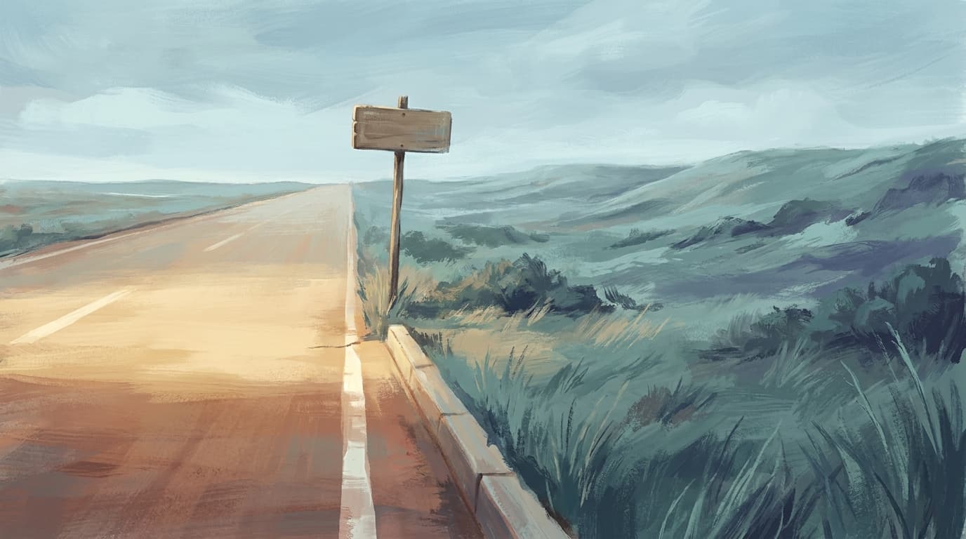 Painted illustration of an empty road stretching toward the horizon, with a blank wooden signpost at the roadside.