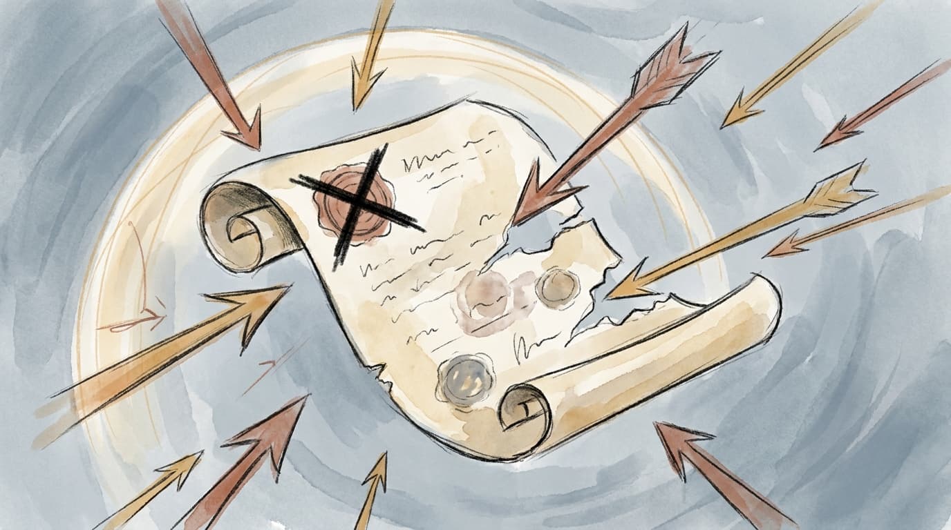 Watercolor illustration of a torn paper scroll with a crossed-out wax seal, pierced by arrows pointing in from every direction.