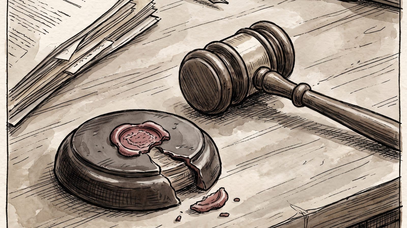 Ilustración a tinta y acuarela de un mazo de madera junto a un sello de cera roto sobre un escritorio, con una pluma, un expediente y un libro abierto detrás.