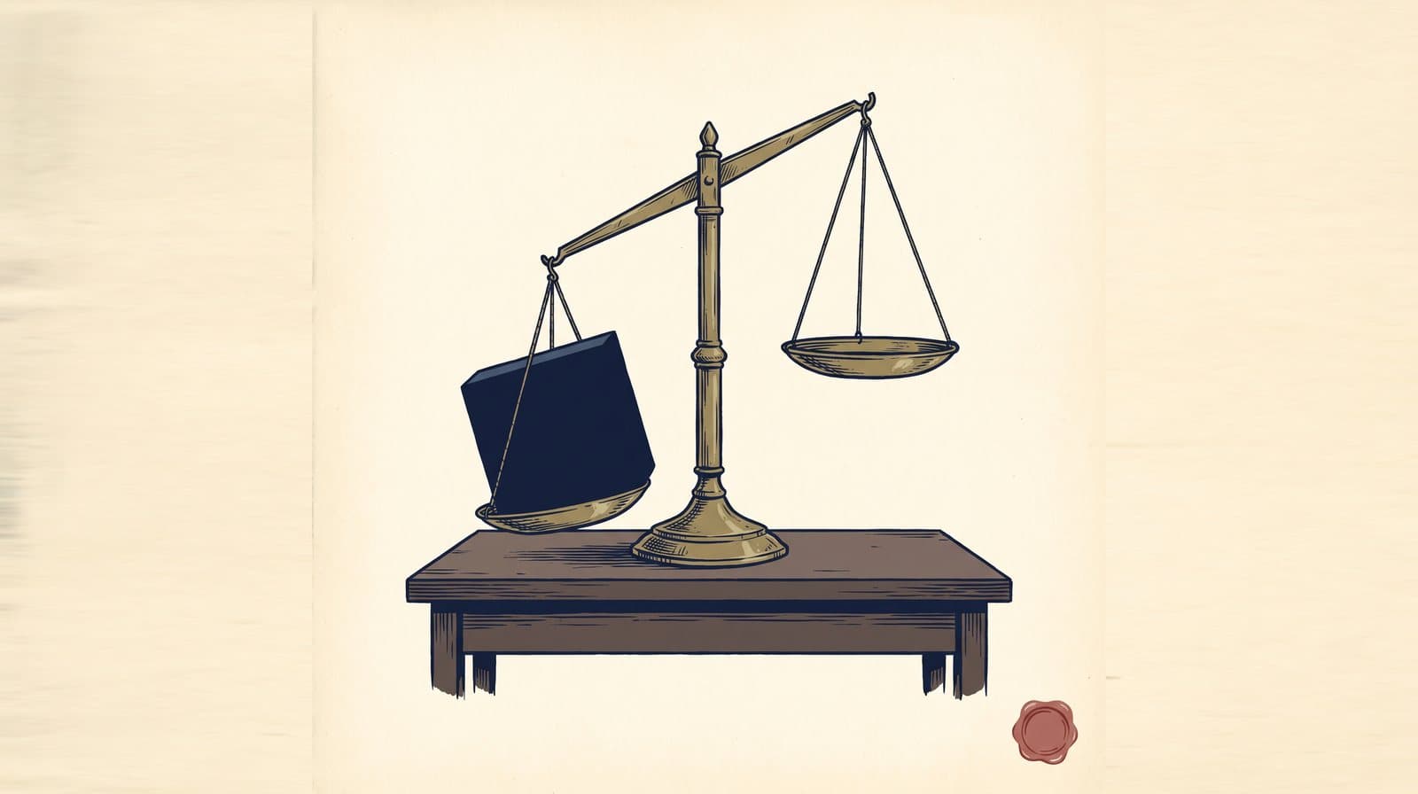 Ilustración a tinta y acuarela de una balanza de latón sobre una mesa de madera, un platillo hundido por un libro oscuro y pesado mientras el otro cuelga vacío, con un pequeño sello de cera roja en la esquina.