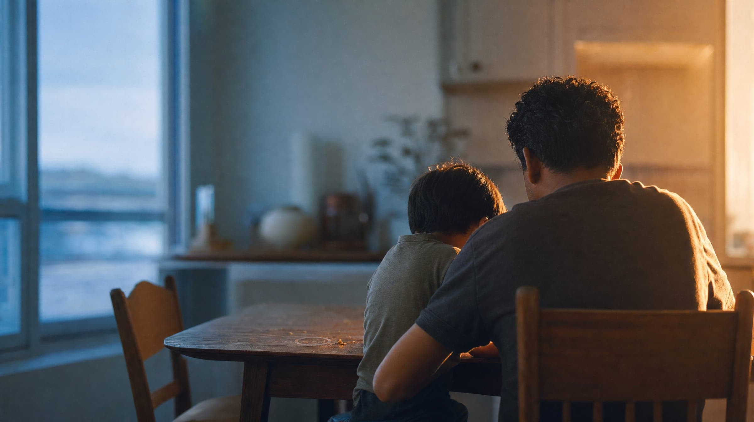 A parent and young child seated at a kitchen table in low afternoon sun, seen from behind.