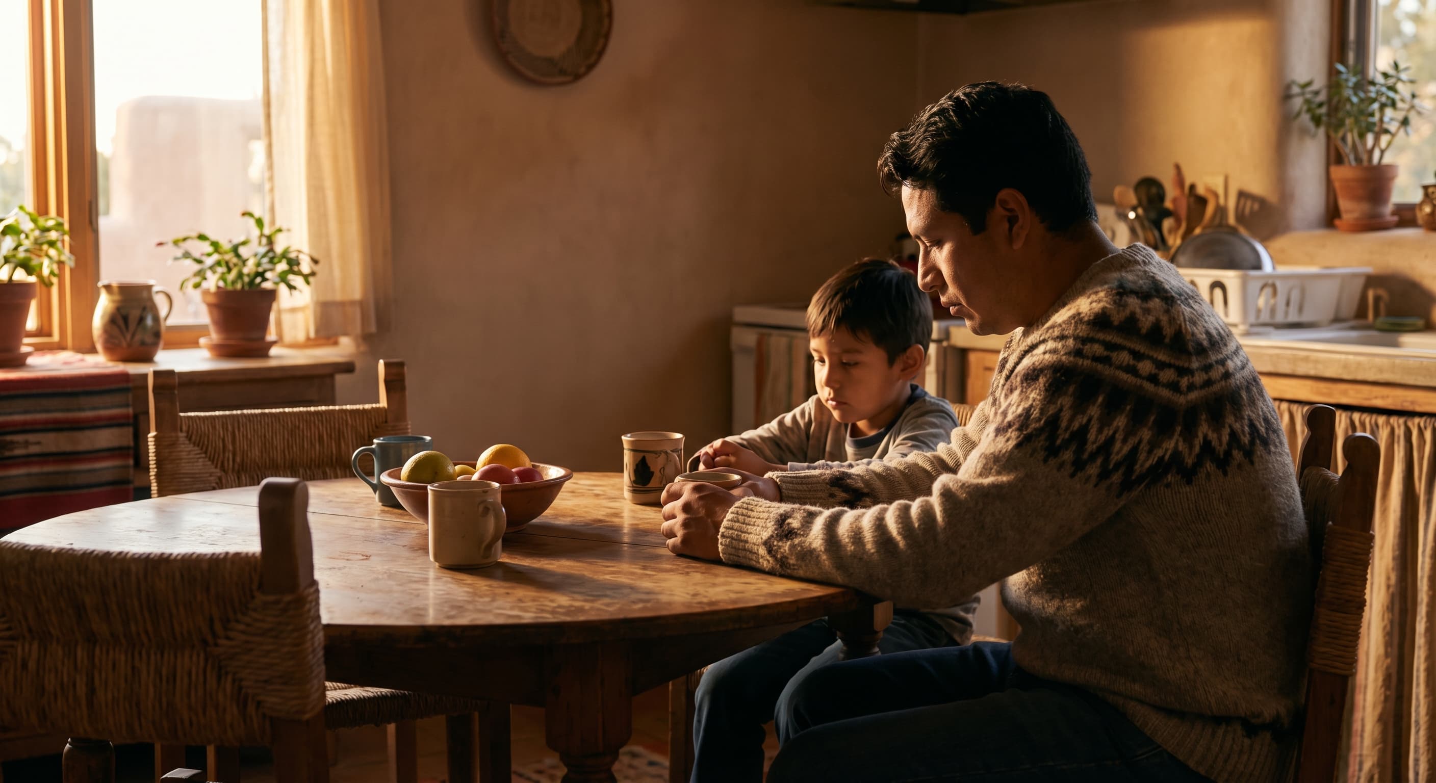 A father and young son sitting close together at a sunlit kitchen table — the family relationship the waiver is meant to protect.